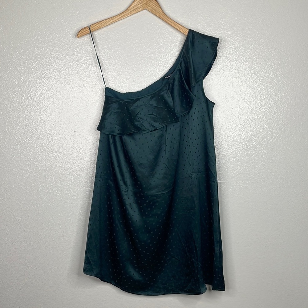 NEW Madewell 100% Silk One Shoulder Ruffle Dress sz 8 Green
